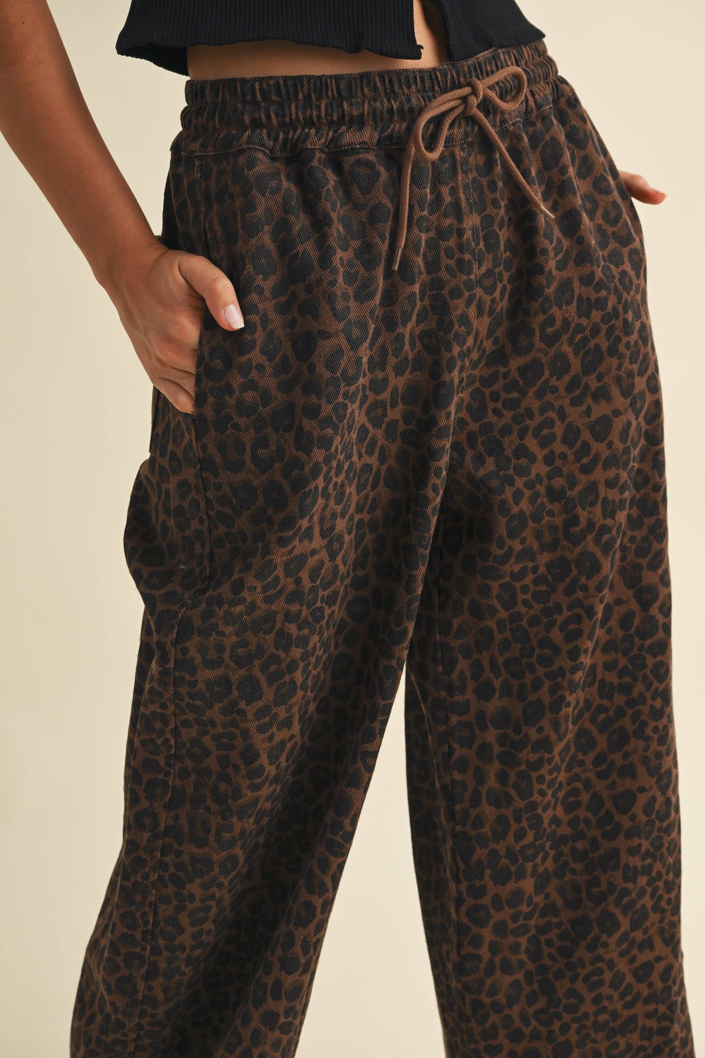 Leopard Denim Wide Leg Track Pants