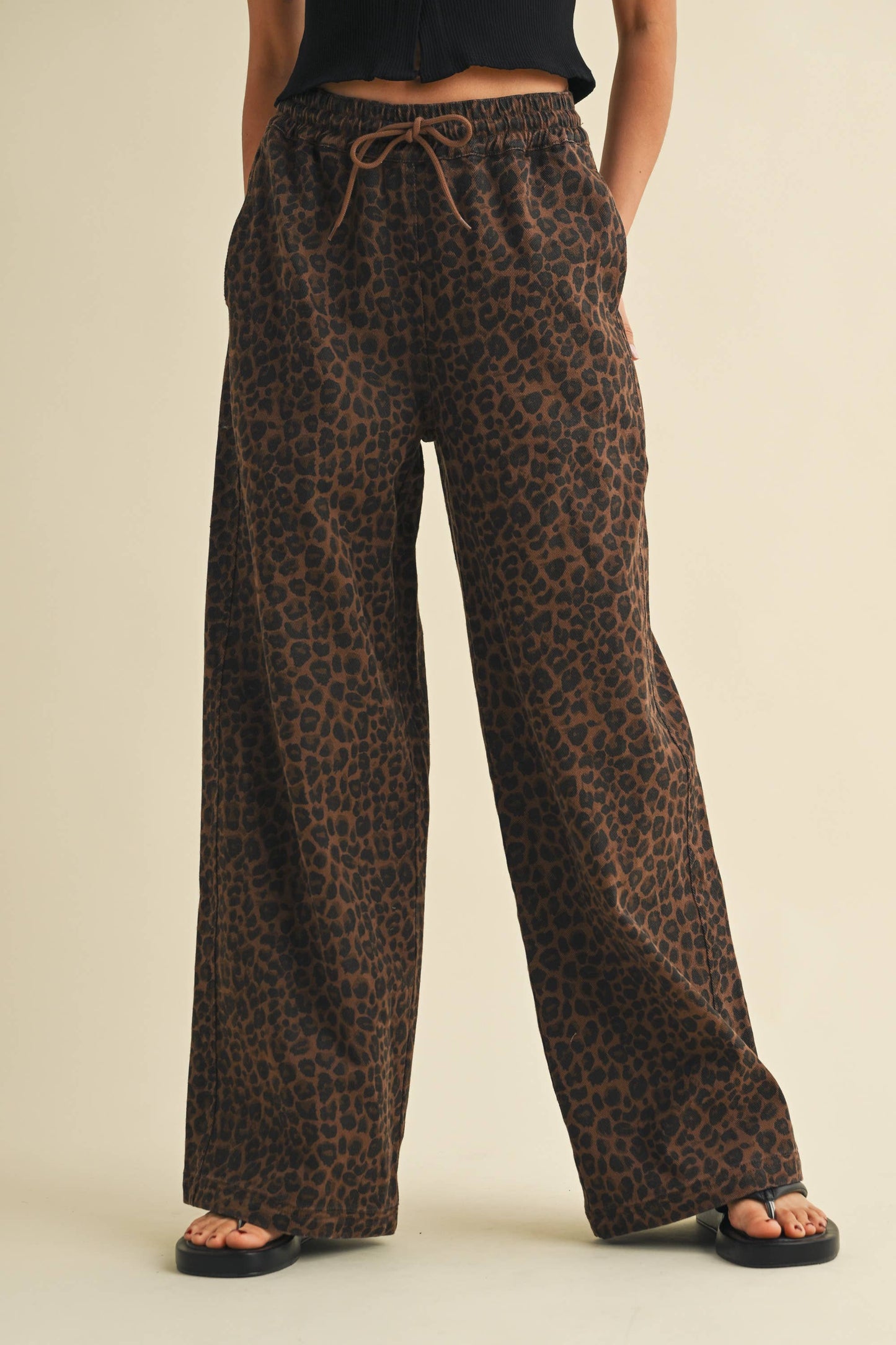 Leopard Denim Wide Leg Track Pants