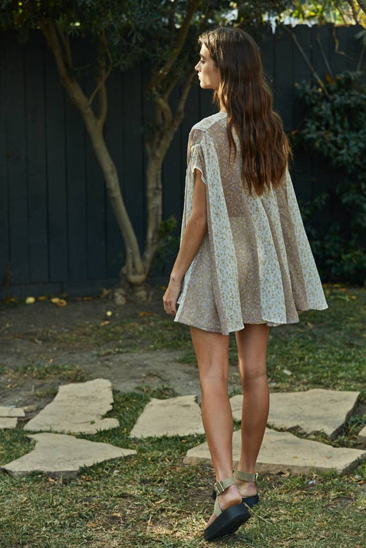 Floral Print Sheer Short Sleeve Tunic