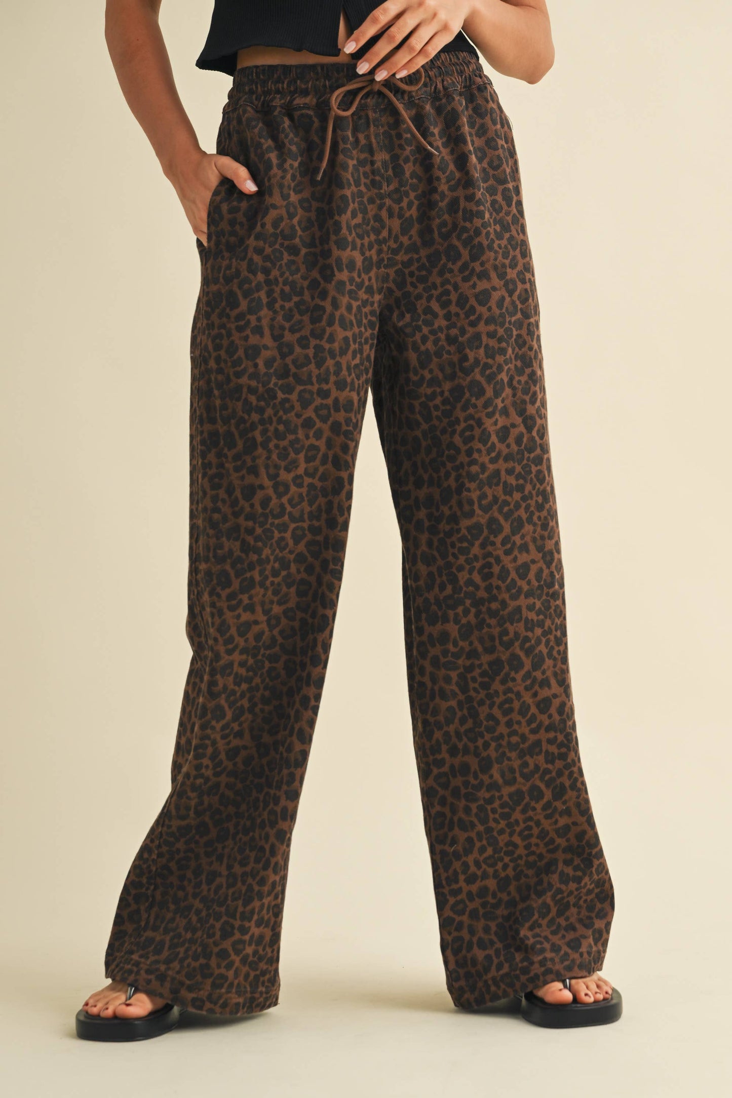 Leopard Denim Wide Leg Track Pants