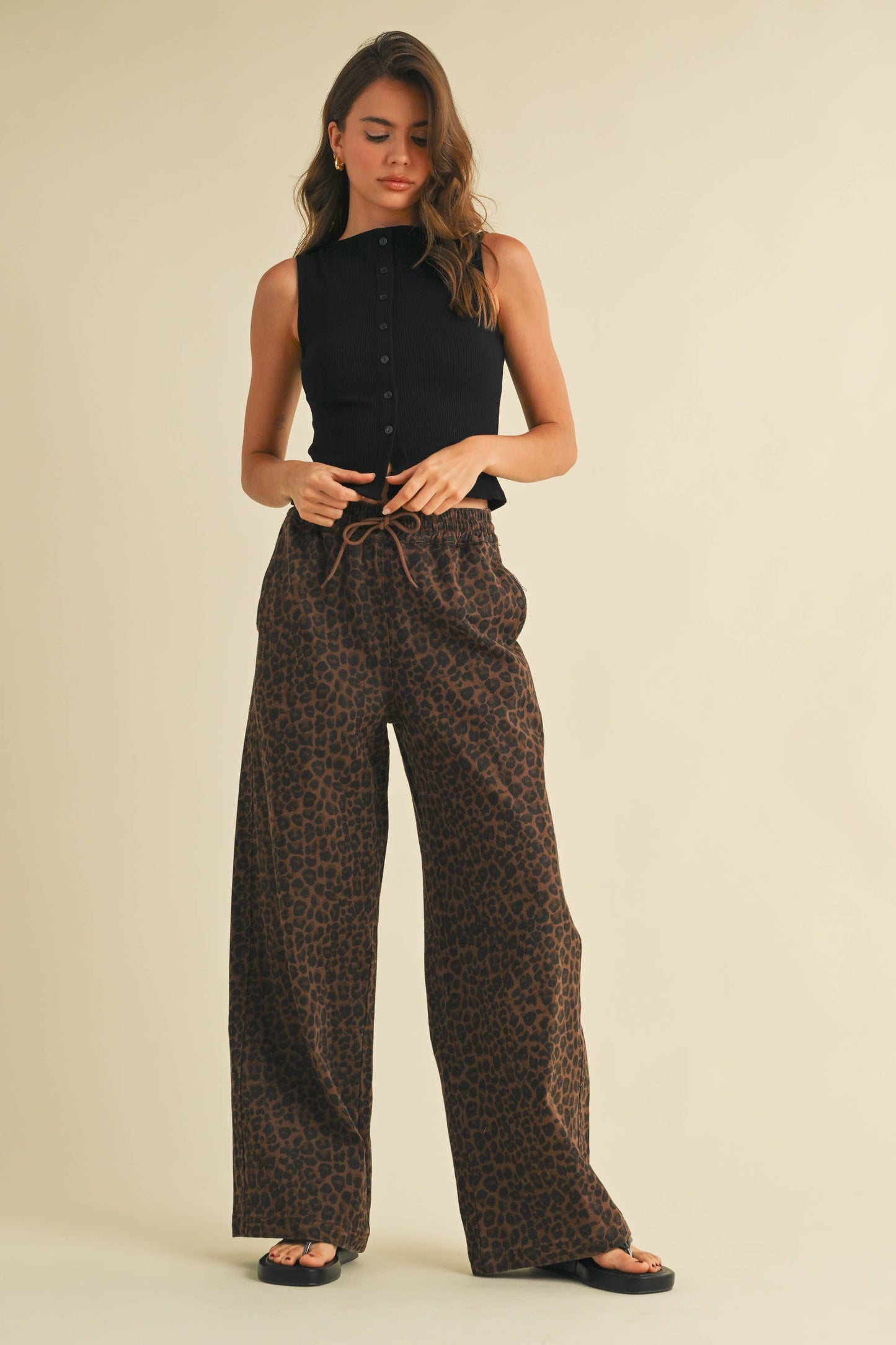 Leopard Denim Wide Leg Track Pants