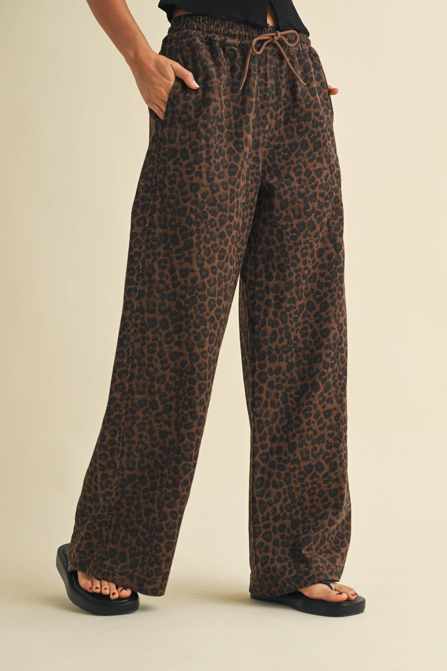 Leopard Denim Wide Leg Track Pants