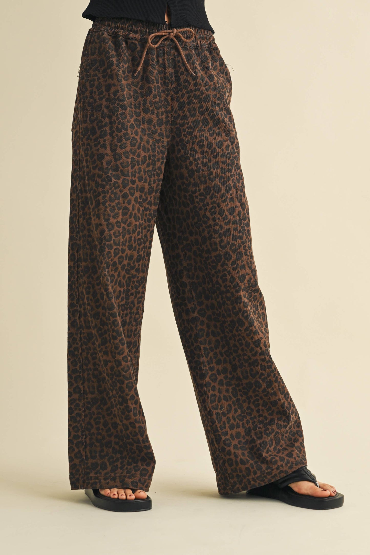 Leopard Denim Wide Leg Track Pants