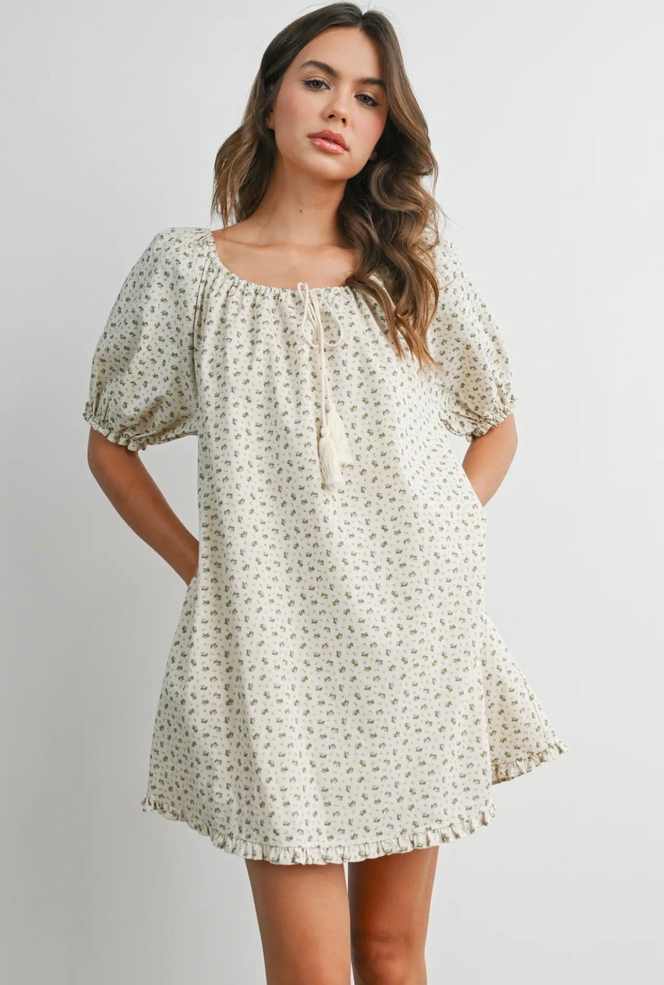 Ruffled Hem Puff- Sleeve Dress