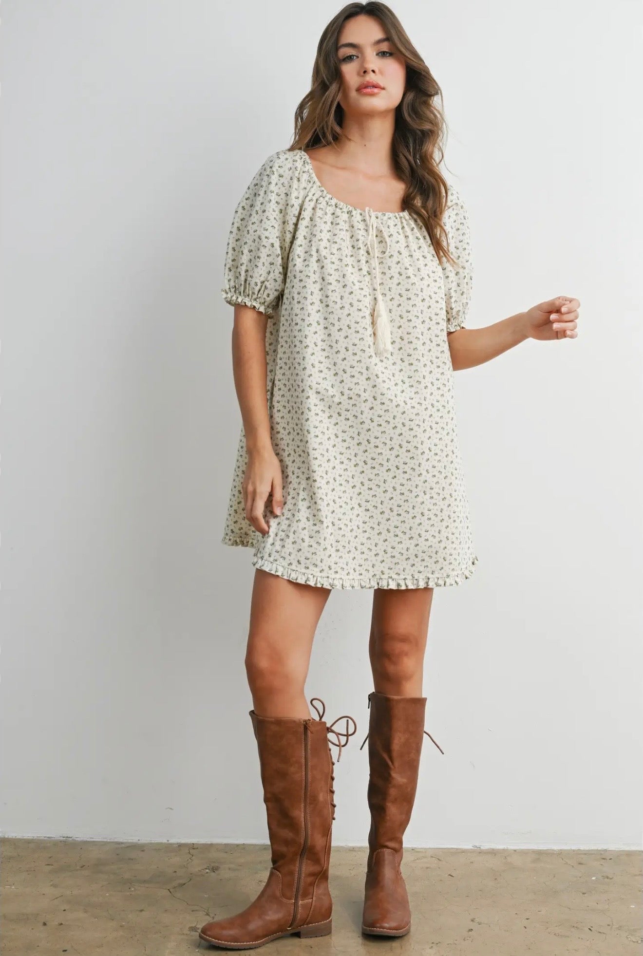 Ruffled Hem Puff- Sleeve Dress
