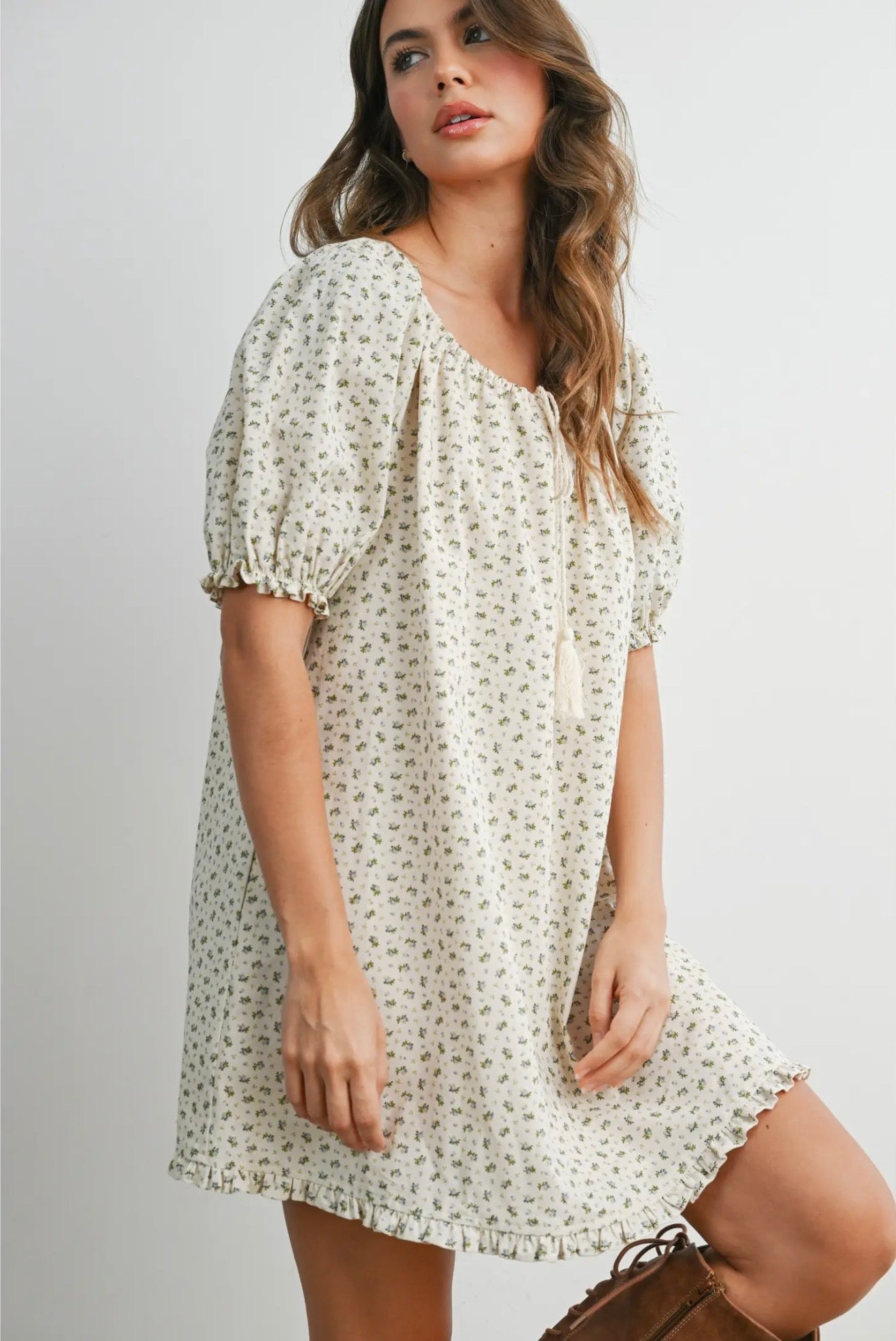 Ruffled Hem Puff- Sleeve Dress