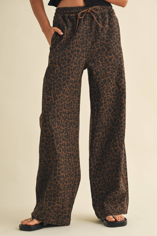 Leopard Denim Wide Leg Track Pants