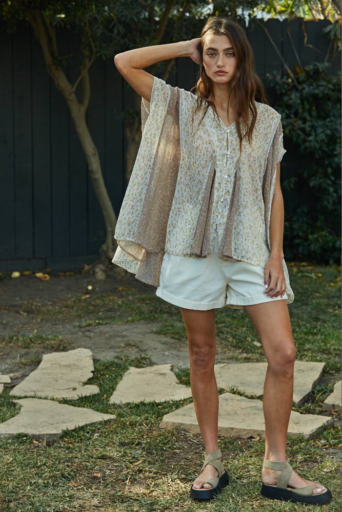 Floral Print Sheer Short Sleeve Tunic